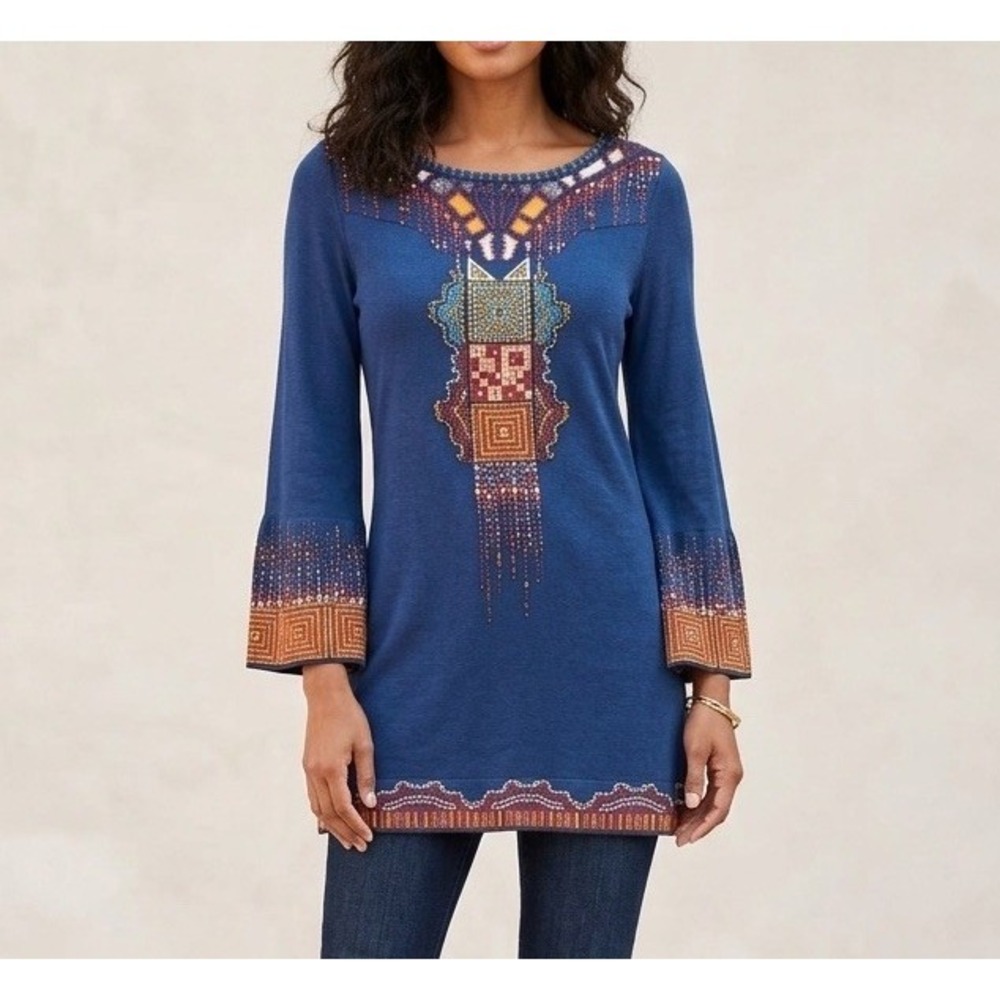 IVKO Woman Intarsia‎ Pullover Sweater Tunic 42 Blue Viscose Cotton 191631